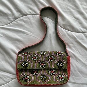 Anthropologie Beaded Shoulder Bag in Green and Pink
